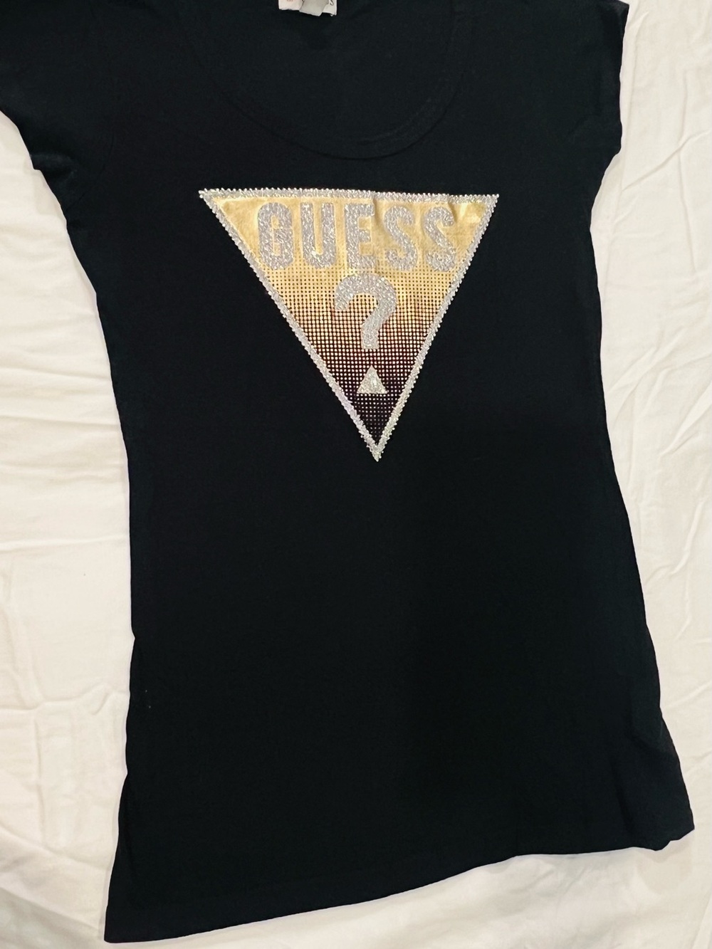 Guess Black Short Sleeve Tee with Gold & Silver Sequin Triangle Logo